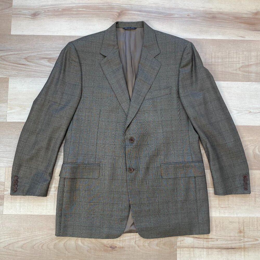 Canali Men's 100% Pure Wool Two Button Sport Coat Brown Plaid 52R Made in Italy